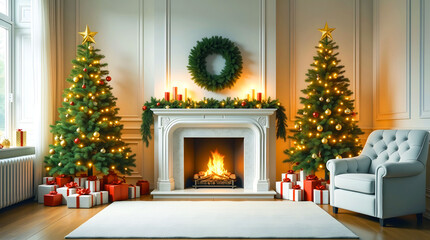 Cozy christmas living room with fireplace and decorated trees