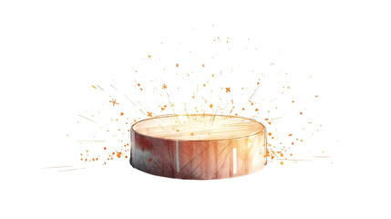 A round platform with white and orange pixelated effects on a black background in a digital art style on transparent background