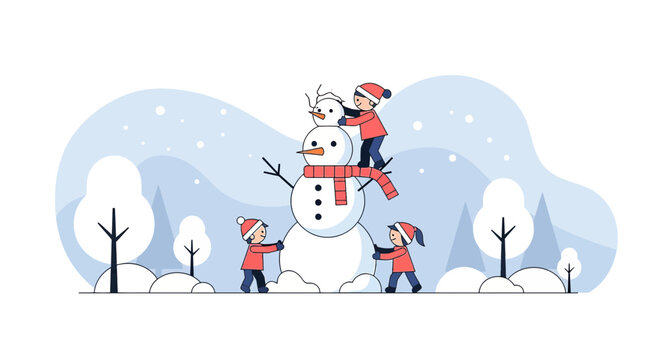 Children's winter activity building a snowman in snowy weather creating playful joyful memories