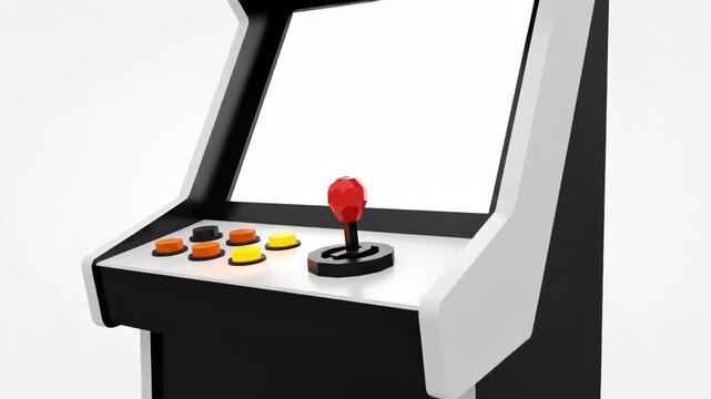 Minimalist black and white arcade game cabinet with red joystick and colorful button controls isolated on white background