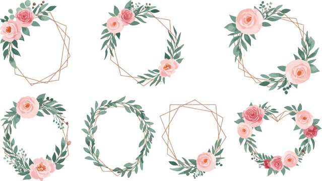 Collection of delicate floral wreaths and oval frames with roses and greenery - Powered by Adobe