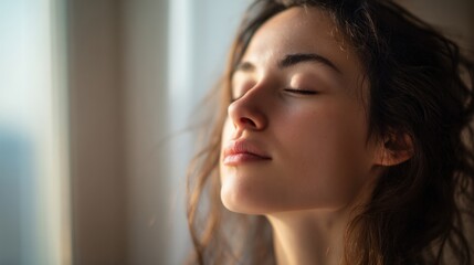 A woman with flowing hair sits quietly by a window eyes closed soaking in the warm sunlight. The scene captures a serene moment of relaxation and reflection in the early morning.