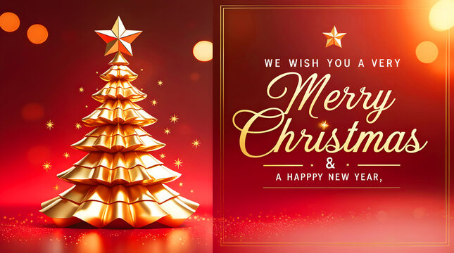 Elegant golden christmas tree with merry christmas greeting on red background