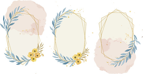 Three delicate oval watercolor frames adorned with soft green foliage and tiny yellow flowers