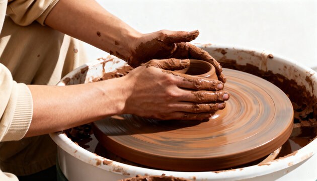 Potter's hands covered in clay shaping a pot on a spinning wheel. Artisan creating handmade ceramics in a studio. Craftsmanship and creative hobby concept - Powered by Adobe