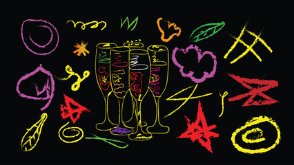 Vibrant neon symbols and figure artwork with colorful graffiti

