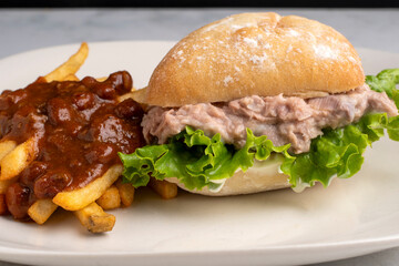 tuna salad sandwich with chili fries