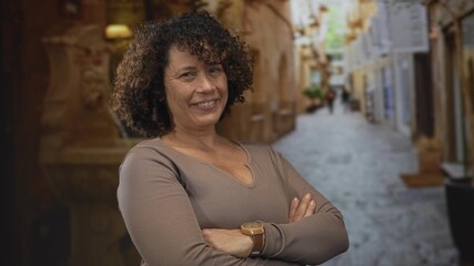 Woman with arms crossed standing on narrow street flanked by aged building facades; confidence empowerment.