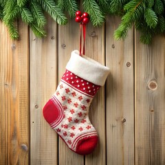 Christmas stocking on wooden background