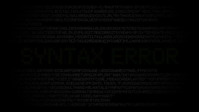 Syntax error text flashing animation on dark background with running code