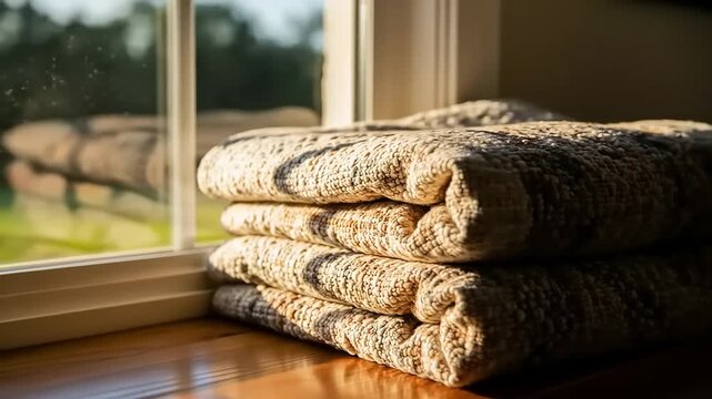 Cozy Quilt Stacked by Sunny Window with Outdoor View.