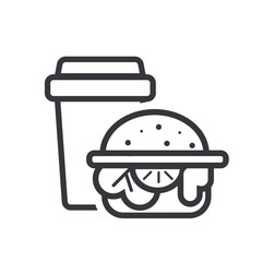 Isolated outline pictogram of burger and coffee paper cup, representing fast food, modern meals, and warning sign for no outside food allowed.