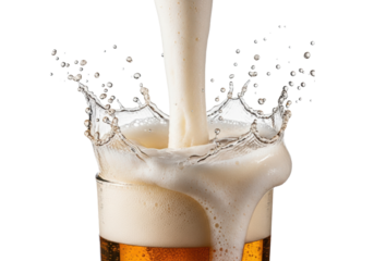 hyper-photorealistic macro shot of golden amber pale lager splashing violently upward, captured with high-speed flash, sharp texture against a white copy space background, concept for beverage