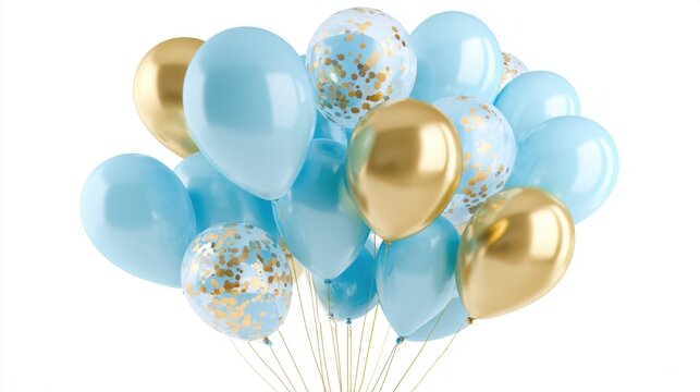 Balloons in light blue and shiny gold create a vibrant display for a celebration. The mix of solid and confetti balloons adds a cheerful touch to the festive environment.