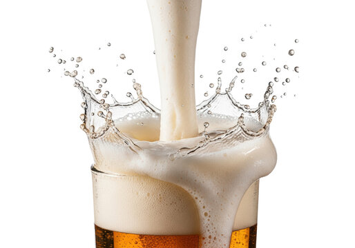 hyper-photorealistic macro shot of golden amber pale lager splashing violently upward, captured with high-speed flash, sharp texture against a white copy space background, concept for beverage