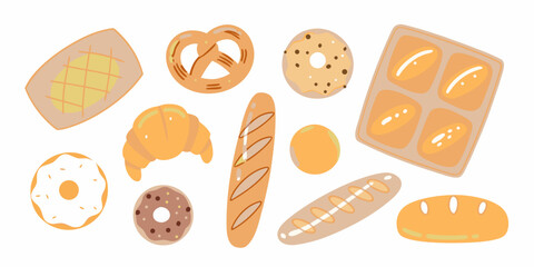 Hand drawn bakery pastries and breads illustration on white background