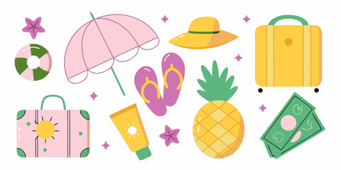 Summer vacation essentials colorful illustration of travel items and accessories