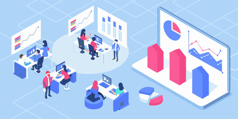 Obraz premium Isometric business team analyzing data and charts in modern office