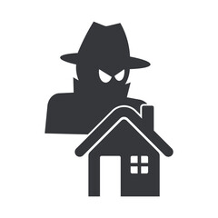Isolated pictogram of a house with a mysterious hat-wearing intruder silhouette, symbolizing home burglary risk, security alert, crime warning, and theft prevention awareness.