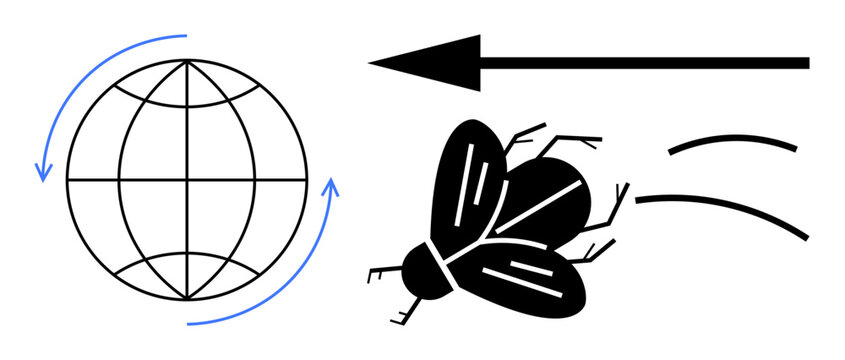 Motion concept. Icons showing global rotation and directional movement with fly and arrow, speed, dynamics, travel. Suitable for global mobility, transportation, motion design, logistics education