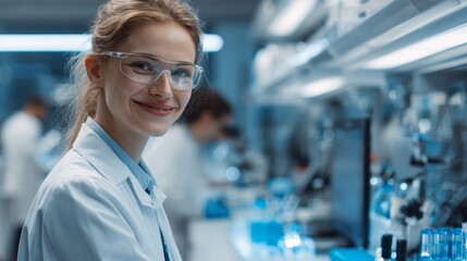 Woman in lab coat and safety glasses smiles in a bright laboratory setting with other scientists