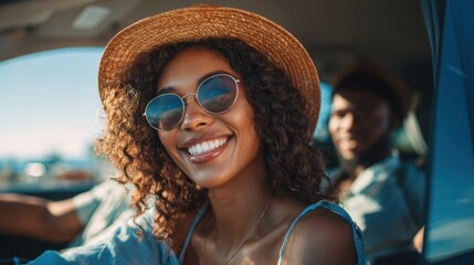 A young woman with curly hair and sunglasses smiles brightly while sitting in a car during a summer road trip. Friends are in the front seat enjoying the sunshine.