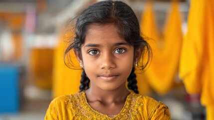 A young girl stands confidently with her arms crossed wearing a bright yellow outfit. She has braided hair and is in a textile workshop with colorful fabrics hanging in the background.