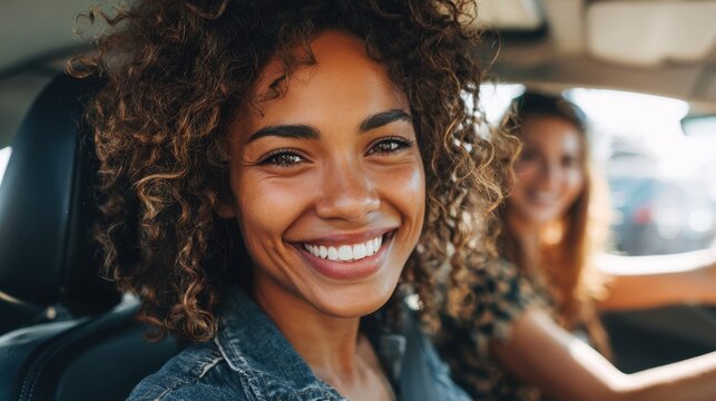 Two friends share a joyful moment inside a car radiating happiness as they drive on a sunny day. Their smiles reflect the fun and adventure of the day ahead.