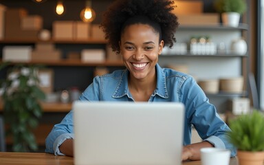 Happy small business entrepreneur working on a laptop in their store, managing their business with enthusiasm and joy. High quality