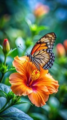 Obraz premium A delicate butterfly with iridescent wings rests on a bright orange hibiscus flower surrounded by lush greenery