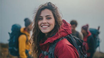 A group of hikers stands together on a mountain trail sharing smiles and laughter. The woman in the foreground wears a red jacket and carries a backpack radiating joy against a moody backdrop.