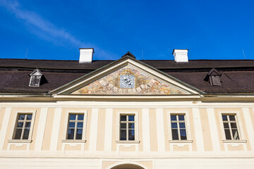 Svaty Anton chateau building facade with sundial fresco
