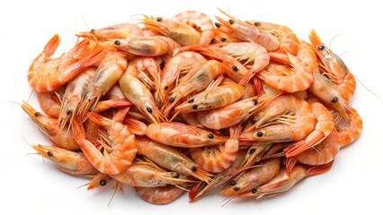 A large heap of fresh raw shrimps on a white background with individual shrimps exposed from the top