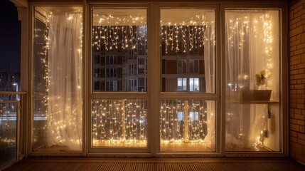 Cozy balcony decorated with lights