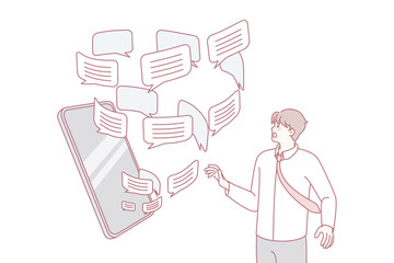 Man overwhelmed with email notification emails and messages on cellphone. Anxious male bothered with spam on smartphone. Flat vector illustration.