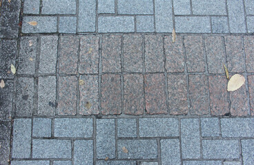 Texture of square paving tile. Pattern of blue, brown and gray tiles in the street. Concrete pavers with autumnal leaves close up background.