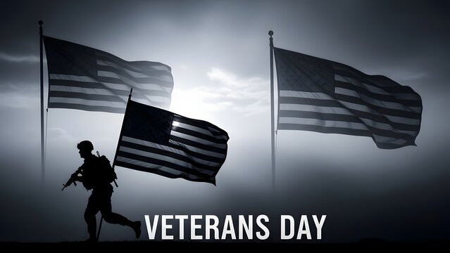 Remembering veterans with silhouette soldier and waving American flags - Powered by Adobe