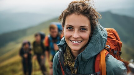 A young woman stands smiling amidst a group of hikers on a mountain trail. The scene captures the beauty of nature and the joy of outdoor exploration on a cloudy day.