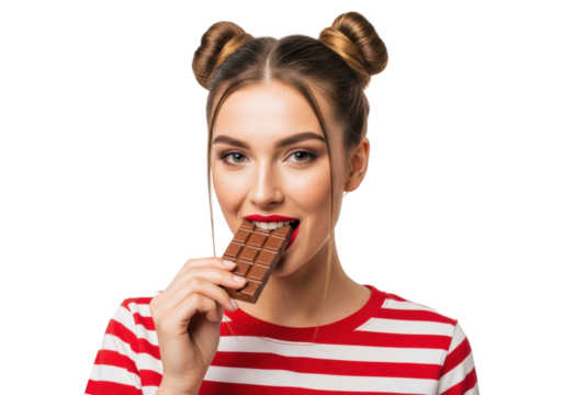 youthful caucasian woman with space buns and red lipstick enthusiastically biting a rich milk chocolate bar in a high-key studio with ample copy space. Concept for sweet indulgence