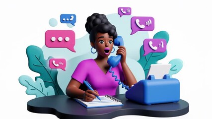 3d illustration of a friendly african american female customer service agent talking on a blue vintage telephone isolated on white background