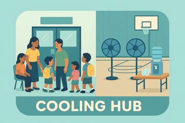 Naklejka premium Community cooling hub featuring families seeking respite from heat with water cooler and fans in a welcoming school environment emphasizing social interaction and support
