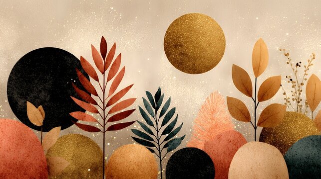 New Year festive boho aesthetic background, flat vector illustration, soft muted boho palette, abstract confetti patterns, delicate shapes and minimal decorative lines, cozy and artistic vibe