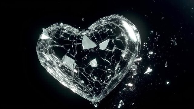 A broken glass heart with cracks and sparkling facets hangs in the air while glittering shards fly around it, creating the illusion of movement