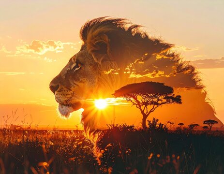 Majestic lion sunset safari