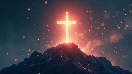 Radiant cross shining atop mountain, symbolizing faith and hope in a dark world, igniting inspiration and spiritual awakening, perfect for religious themes