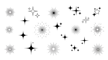 Black and white collection of diverse sparkle, shine, light, and star icons with various shapes and styles for graphic design.