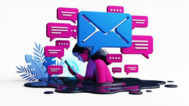 3d stylized woman immersed in dark liquid using smartphone with notification and message bubble icons floating above, isolated on white background