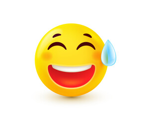 Vector illustration of laughing emoji with tear. Funny smile character icon. Happy emotion smile face feeling awkwardness. 3d style design of emoticon with sweat tear. Happy and embarrassed mood