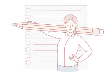 Smiling woman with huge pencil and paper. Happy female holding big writing tool ready for noting. Journalism or handwriting. Vector illustration.