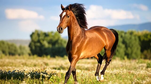 Beautiful brown horse running freely through golden flower field with a clear blue sky and green trees in the background.
